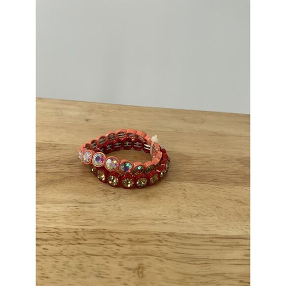 AB Rhinestone Red & Coral Stretch Bracelets Set of 2 Fashion Jewelry - Picture 5 of 9